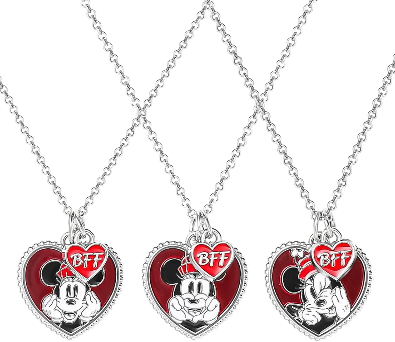 Disney Minnie Mouse BFF Necklace Set for 3 Official License, Friendship Necklaces with BFF Charm and Heart Pendant