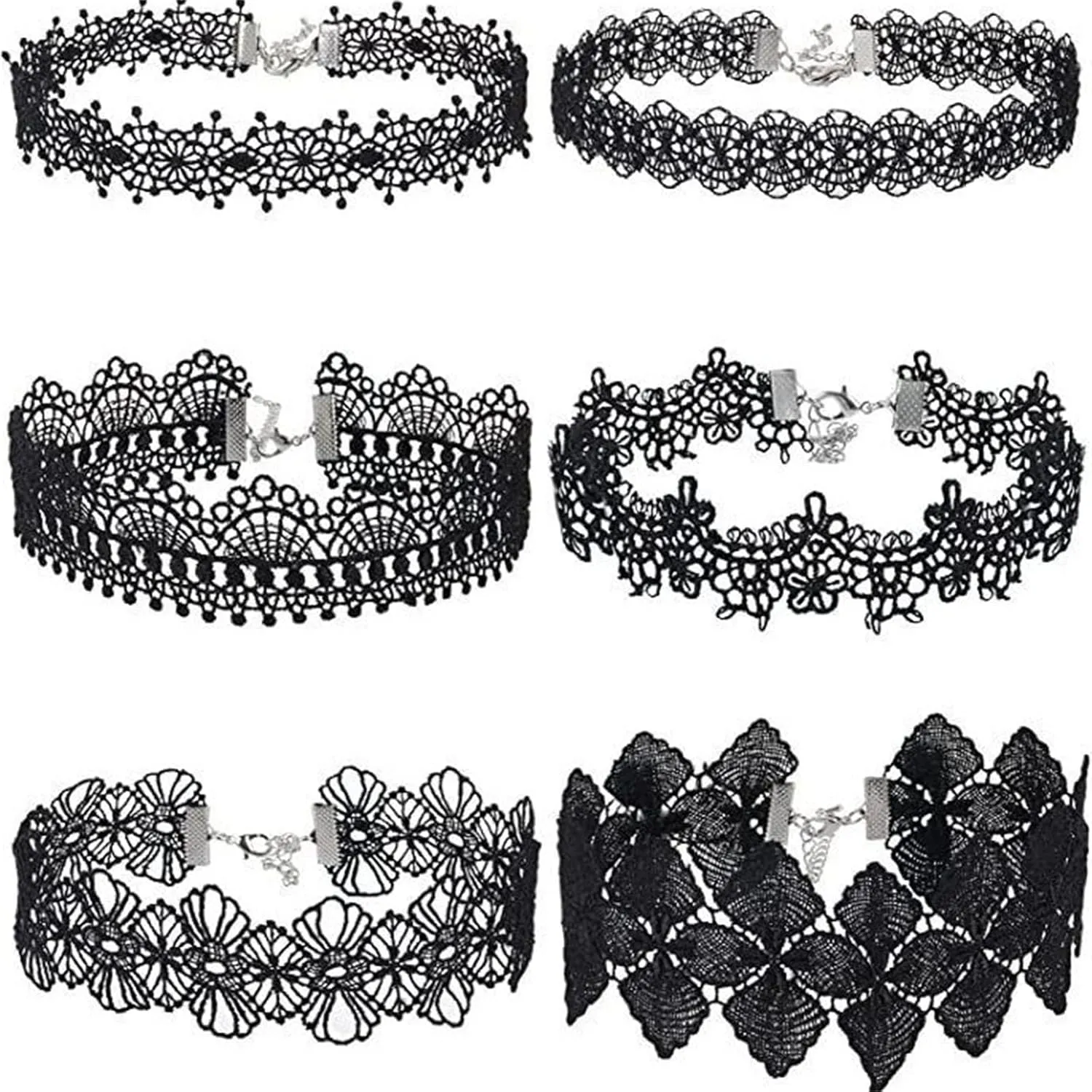 Dreuyet 6 Pieces Black Lace Choker Gothic Necklace Set for Women Gothic Velvet Ribbon Lolita Chokers Necklaces Vintage 90s Victorian Tattoo Lace Necklace Halloween Party Costume