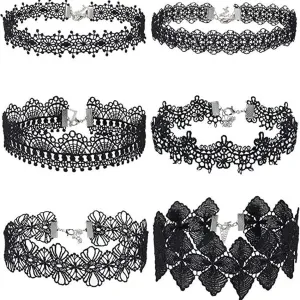 Dreuyet 6 Pieces Black Lace Choker Gothic Necklace Set for Women Gothic Velvet Ribbon Lolita Chokers Necklaces Vintage 90s Victorian Tattoo Lace Necklace Halloween Party Costume