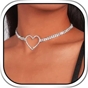 EARENT Rhinestone Heart Choker Necklace Silver Sparkly Jewelry for Women