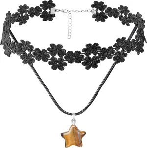 Eigso Unisex 2 Pcs Wax Rope Braided Gothic Necklace Choker Womens Black Velvet Lace Tattoo Collar Necklaces Rock Woven Chokers Collars