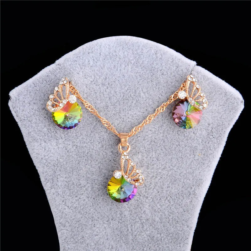 Elegane Colorful Zircon Jewelry Set Wedding Jewelry Set Crystal Butterfly Necklace Earrings Bijoux Femme Indian Jewelry