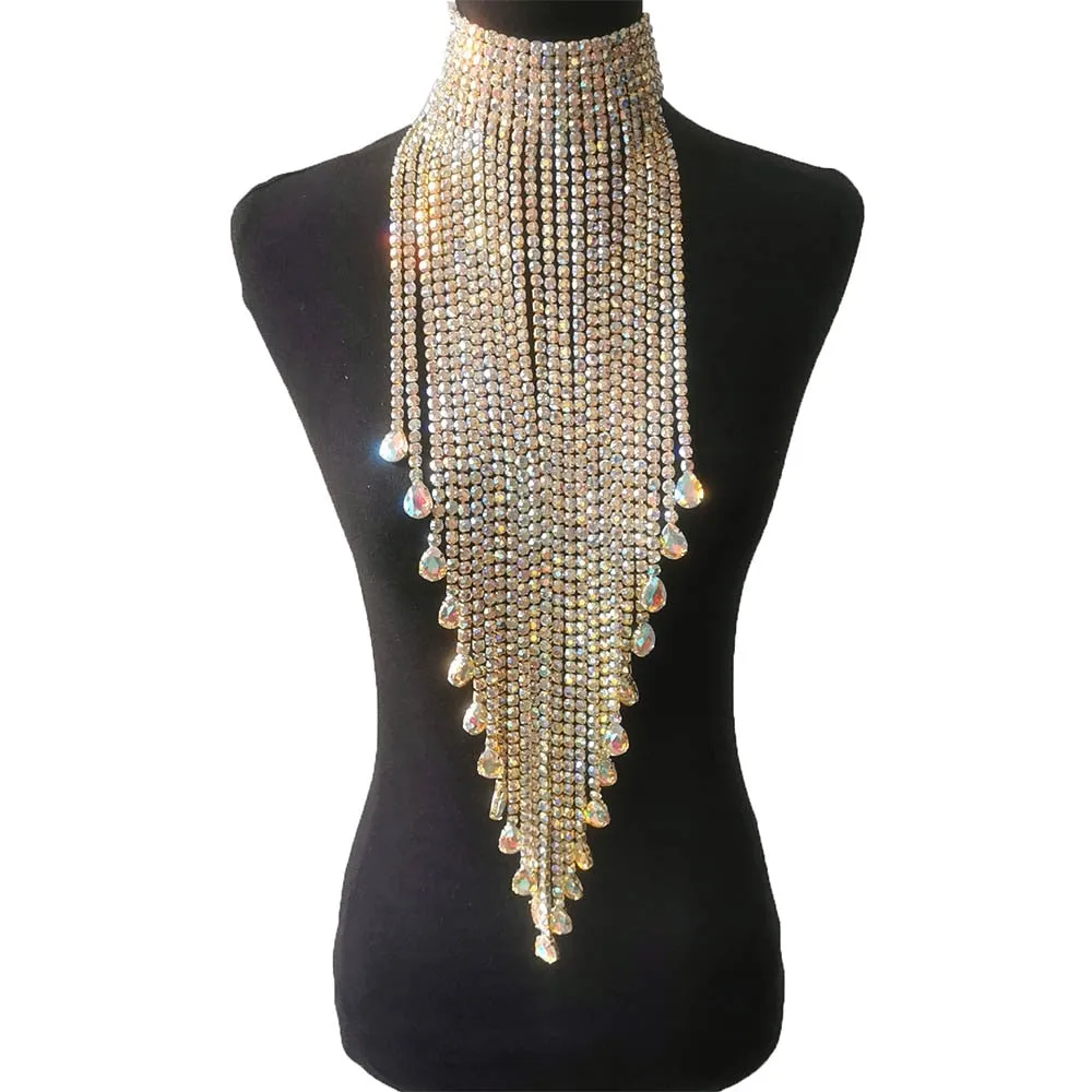 Elegant Long Tassel Hung down to Waist Women Necklaces with Rhinestones