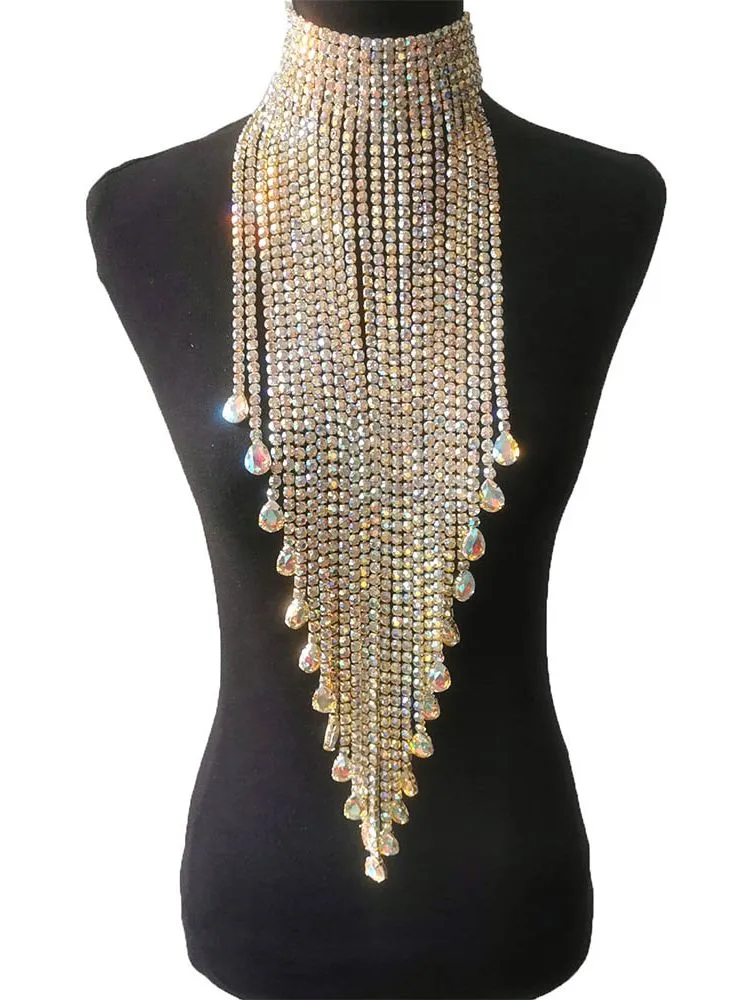 Elegant Long Tassel Hung down to Waist Women Necklaces with Rhinestones