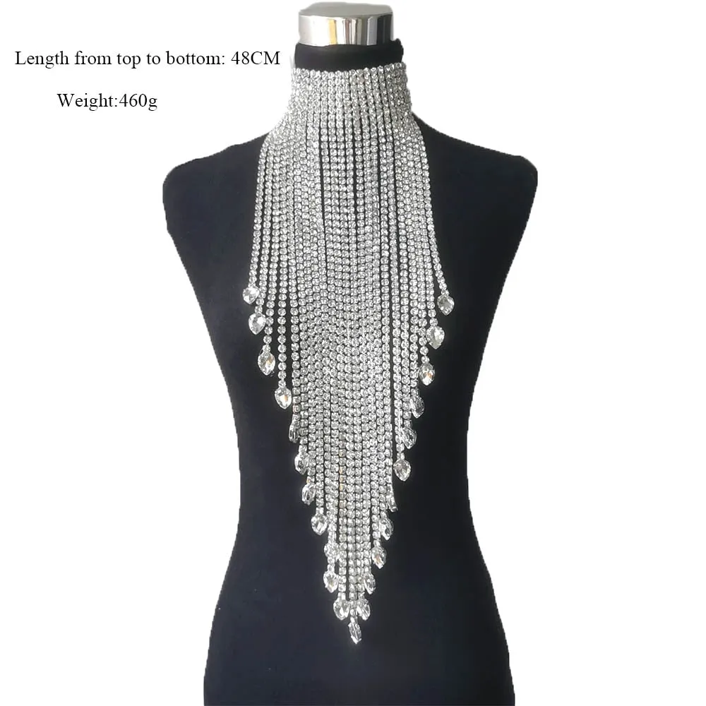 Elegant Long Tassel Hung down to Waist Women Necklaces with Rhinestones