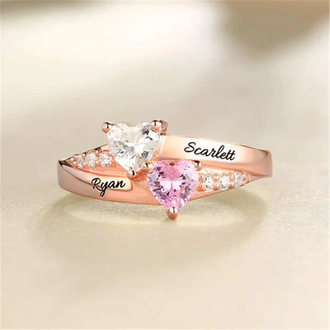 Engraved Promise Rings for Her Custom Two Birthstone Engagement Rings for Women Personalized Promise Rings for Women 2 Birthstone Wedding Rings for Women Heart Shaped Promise Ring Engraved Ring