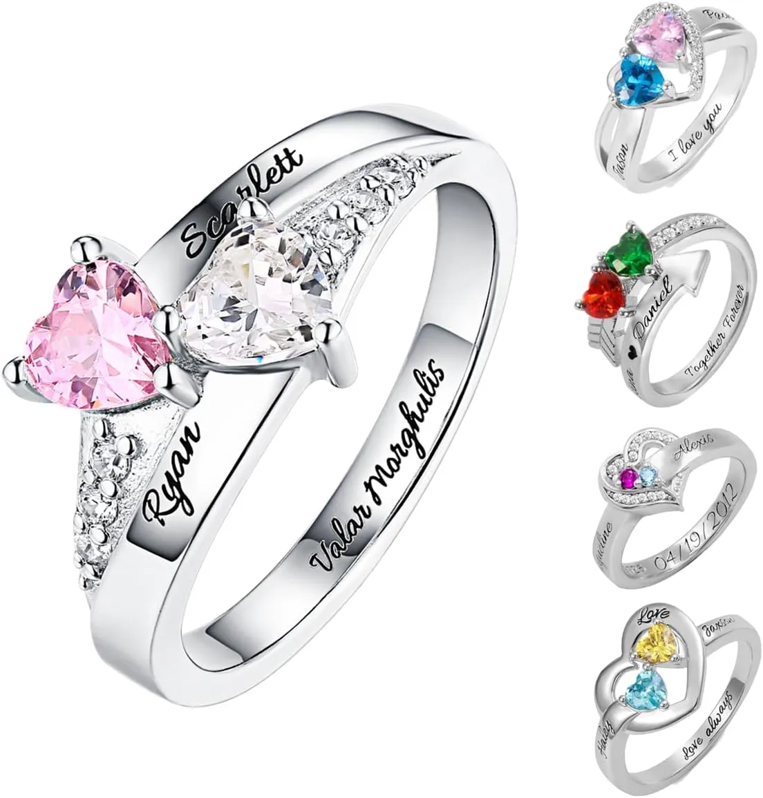 Engraved Promise Rings for Her Custom Two Birthstone Engagement Rings for Women Personalized Promise Rings for Women 2 Birthstone Wedding Rings for Women Heart Shaped Promise Ring Engraved Ring
