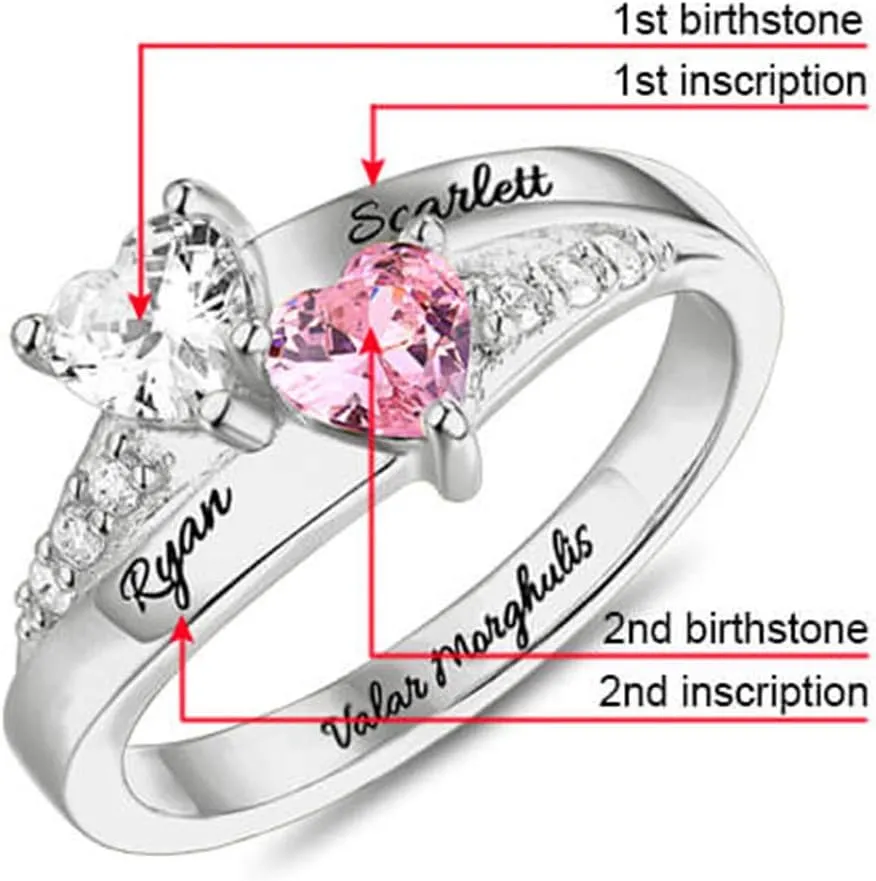 Engraved Promise Rings for Her Custom Two Birthstone Engagement Rings for Women Personalized Promise Rings for Women 2 Birthstone Wedding Rings for Women Heart Shaped Promise Ring Engraved Ring