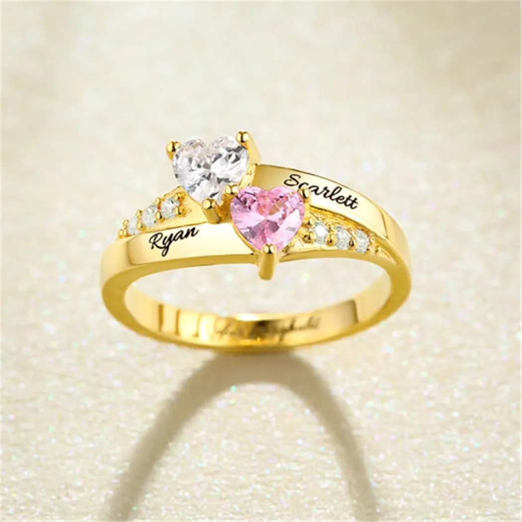 Engraved Promise Rings for Her Custom Two Birthstone Engagement Rings for Women Personalized Promise Rings for Women 2 Birthstone Wedding Rings for Women Heart Shaped Promise Ring Engraved Ring