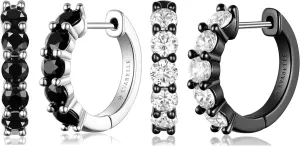 Evabelle 2 Pieces Silver Hoop Earrings for Women 18K White Gold Plated Black Earrings for Men Small Silver Hoop Earrings Huggie Silver Hoop Earring Diamond Cut Cubic Zirconia 925 Sterling Silver Post