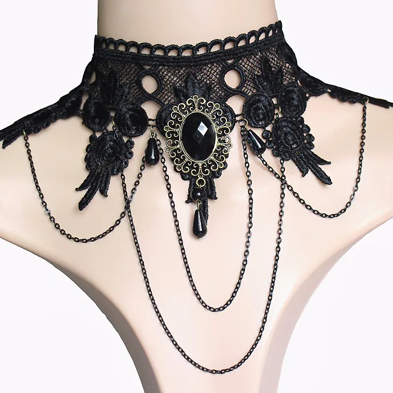 Fashion Gothic Lace Necklace for Women / Vintage Jewelry with Black Big Stone