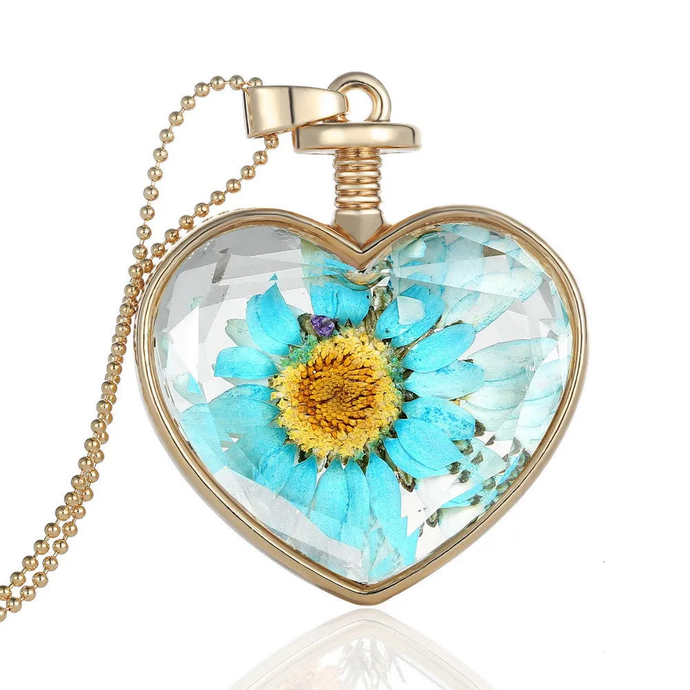 Fashion Jewelry Romantic Crystal Glass Heart Shape Floating Locket Dried Flower Plant Pendant Chain Necklace for Women Girls