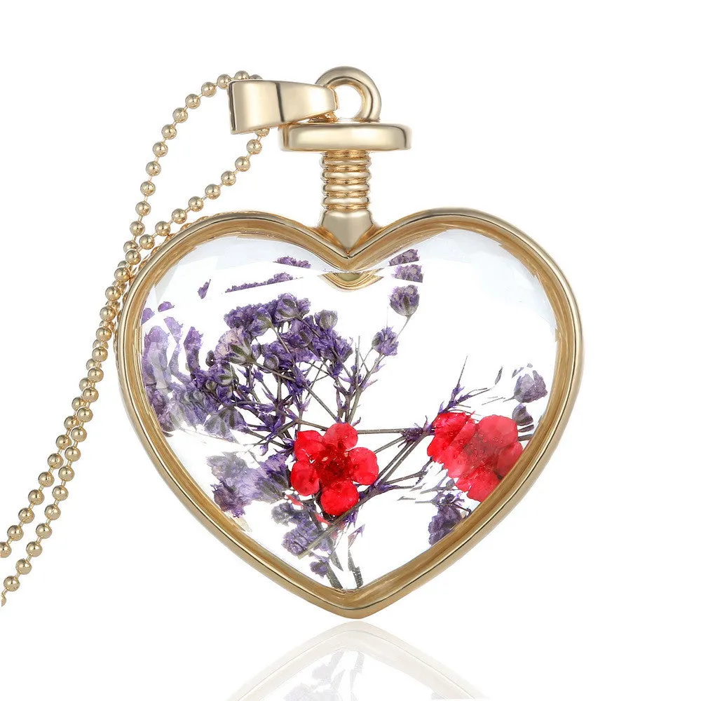 Fashion Jewelry Romantic Crystal Glass Heart Shape Floating Locket Dried Flower Plant Pendant Chain Necklace for Women Girls