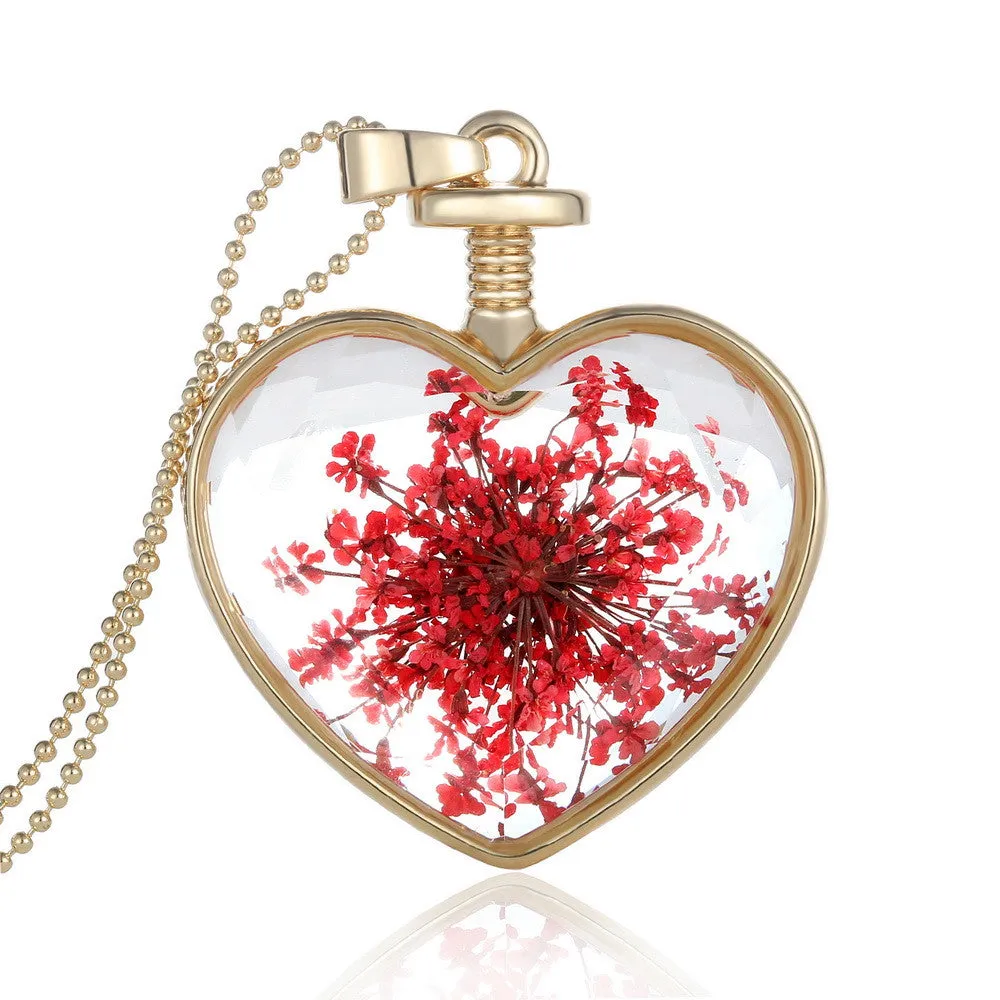 Fashion Jewelry Romantic Crystal Glass Heart Shape Floating Locket Dried Flower Plant Pendant Chain Necklace for Women Girls