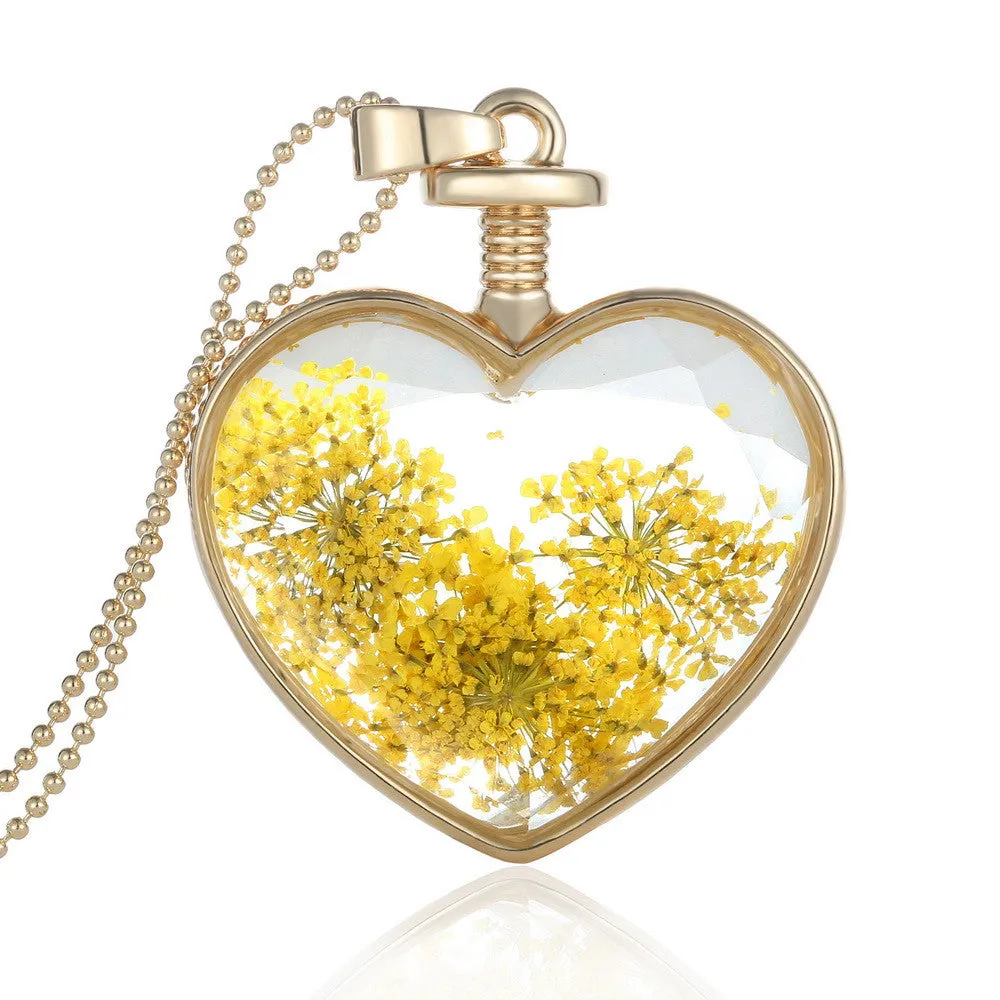 Fashion Jewelry Romantic Crystal Glass Heart Shape Floating Locket Dried Flower Plant Pendant Chain Necklace for Women Girls