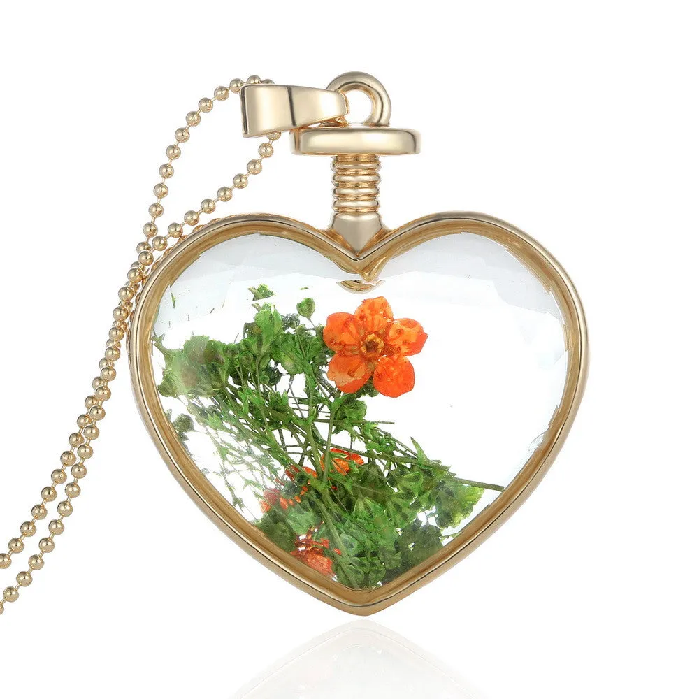 Fashion Jewelry Romantic Crystal Glass Heart Shape Floating Locket Dried Flower Plant Pendant Chain Necklace for Women Girls