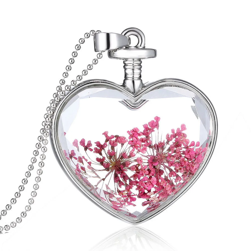 Fashion Jewelry Romantic Crystal Glass Heart Shape Floating Locket Dried Flower Plant Pendant Chain Necklace for Women Girls