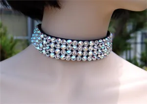 FBC Black Stretch 4 Row Fully Stoned Choker: Aurora Borealis & Clear (size 30' stones)