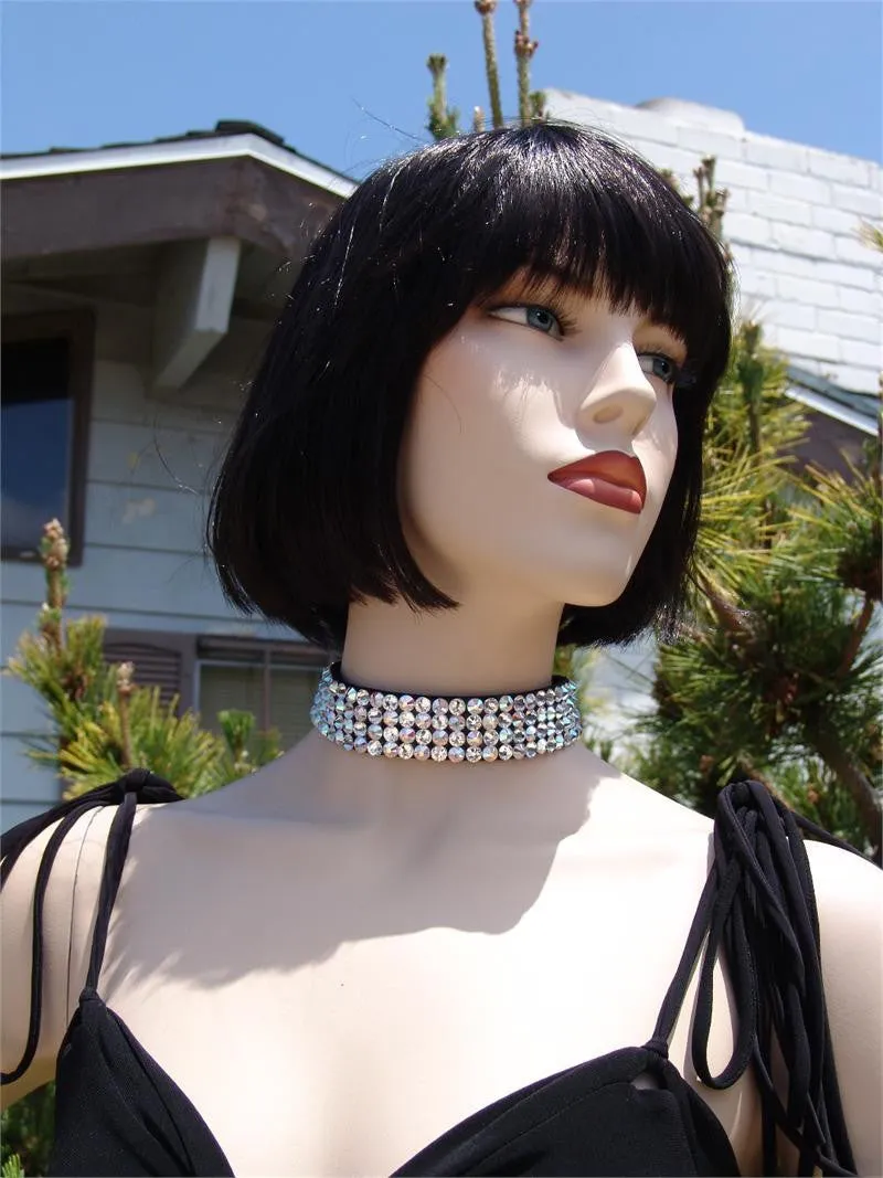 FBC Black Stretch 4 Row Fully Stoned Choker: Aurora Borealis & Clear (size 30' stones)