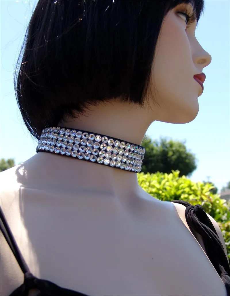 FBC Black Stretch 4 Row Fully Stoned Choker: Clear (size 30' stones)