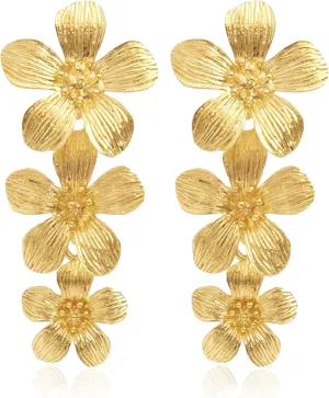 Flower Dangle Earring Chunky Statement Long Dangle Earrings Large Hibiscus Earrings 3 Layer Floral Earrings Metal Petal Earrings Trendy Flower Drop Earrings Spring Floral Earrings For Women