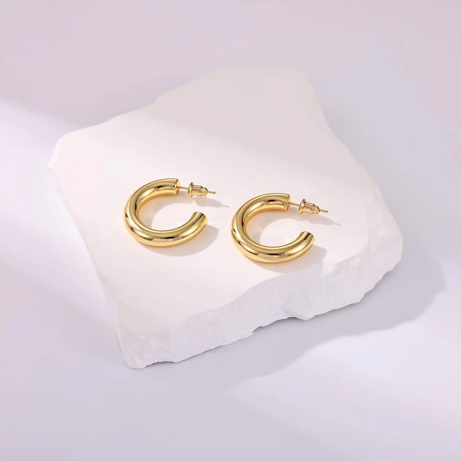 Gacimy Chunky Gold Hoop Earrings for Women 14K Real Gold Plated, 925 Sterling Silver Post Hoops for Women