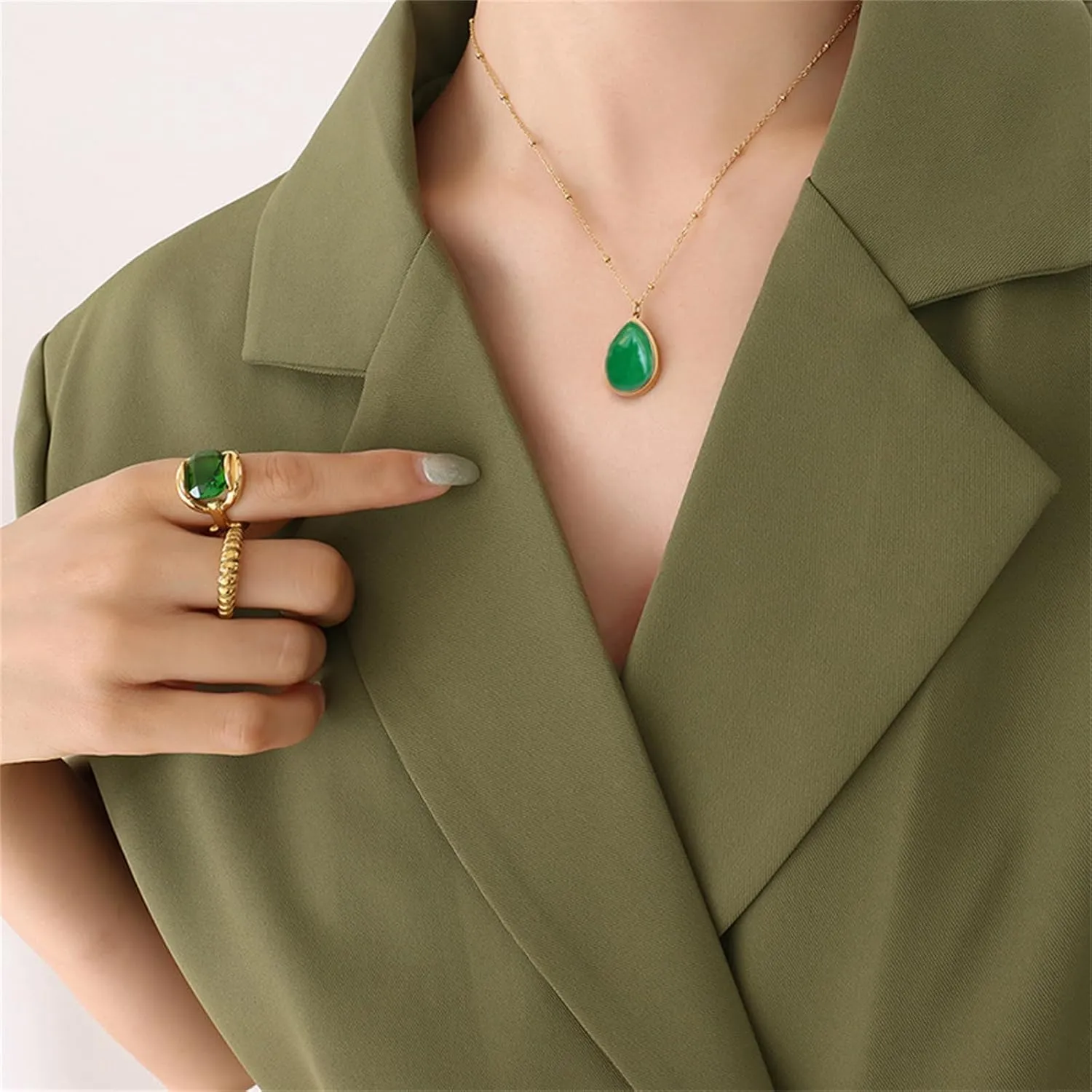 Gemstone Teardrop Necklace for Women Natural Healing Stone Pendant Necklace Turquoise Jade Amethyst Necklace Lucky Jewelry Gifts for Wedding Birthday (Green)