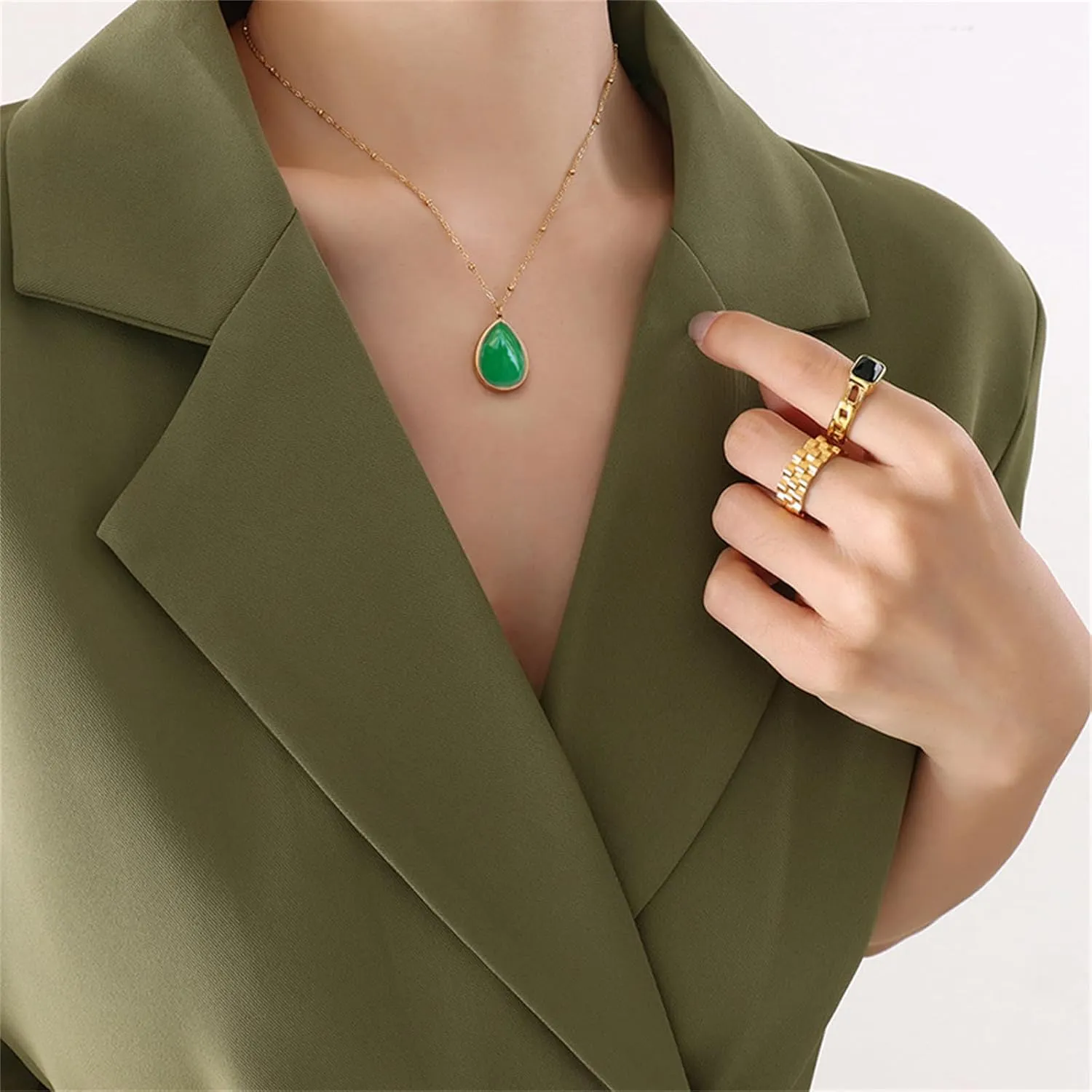 Gemstone Teardrop Necklace for Women Natural Healing Stone Pendant Necklace Turquoise Jade Amethyst Necklace Lucky Jewelry Gifts for Wedding Birthday (Green)