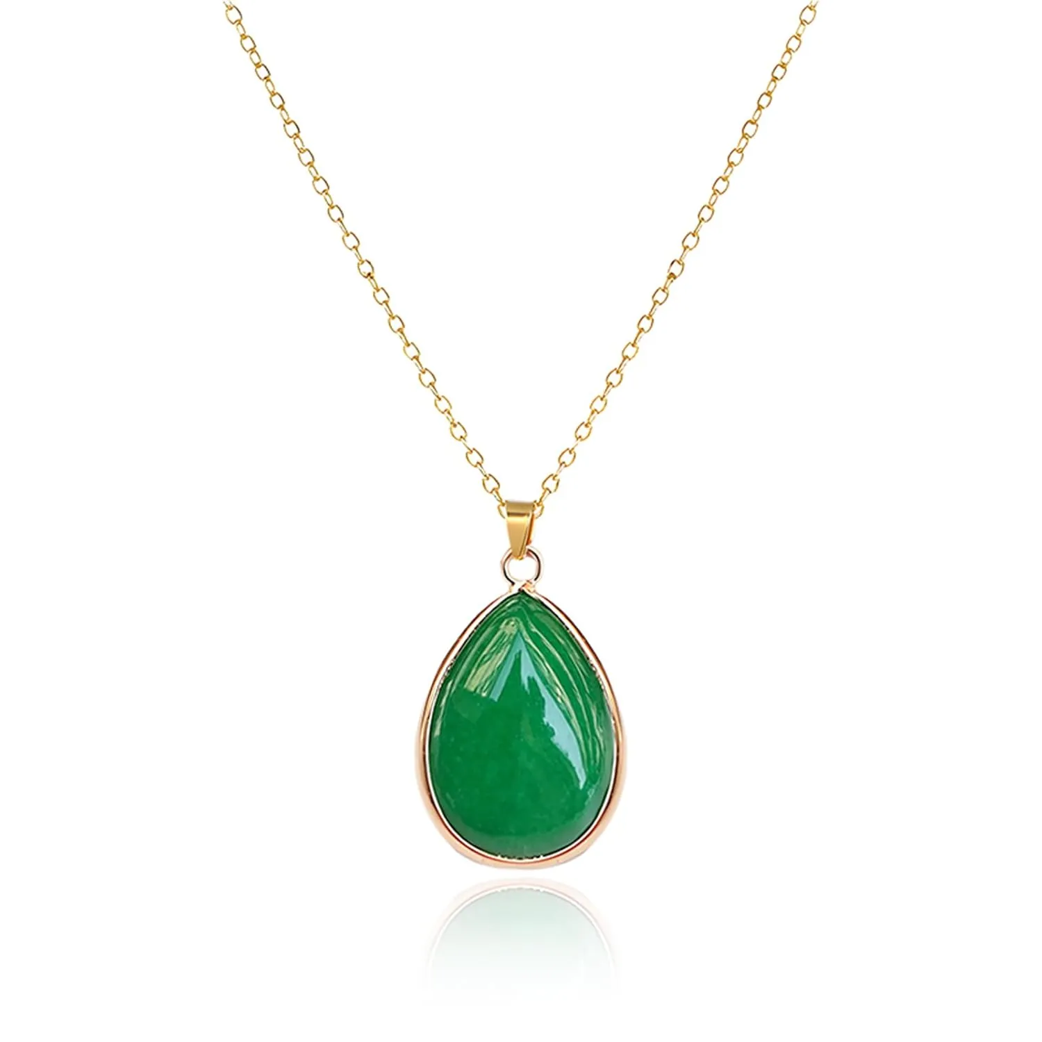 Gemstone Teardrop Necklace for Women Natural Healing Stone Pendant Necklace Turquoise Jade Amethyst Necklace Lucky Jewelry Gifts for Wedding Birthday (Green)