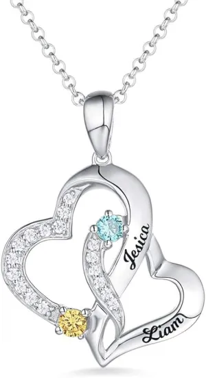 Getname Necklace Personalized Birthstone Name Necklace 925 Sterling Silver Love Double Heart Necklace with 2 Names & 2 Birthstone Couple Pendants