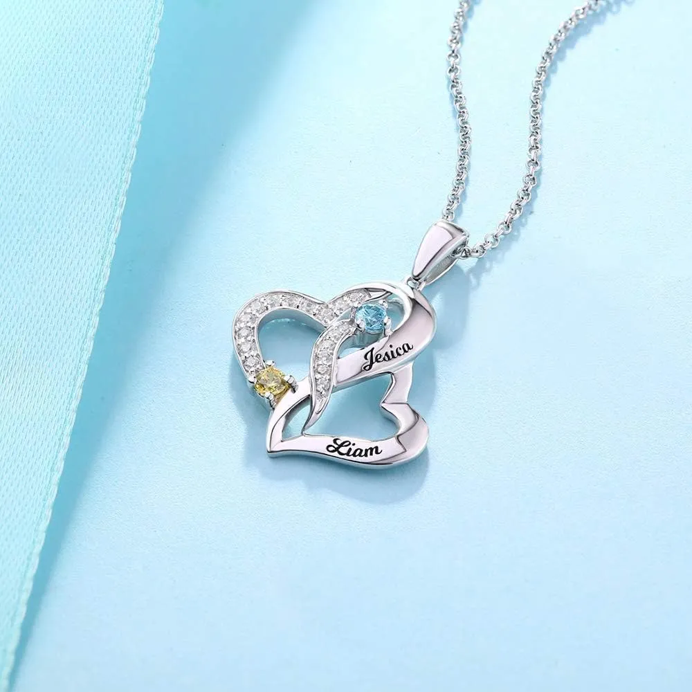 Getname Necklace Personalized Birthstone Name Necklace 925 Sterling Silver Love Double Heart Necklace with 2 Names & 2 Birthstone Couple Pendants