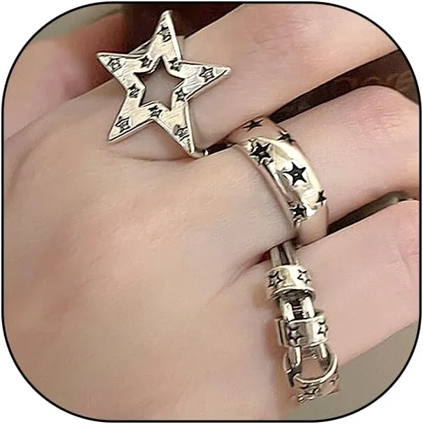 GIGB PBDK 3Pcs Gothic Star Stackable Ring Set,Vintage Grunge Adjustable Open Rings Pack for Women,Trendy Punk Rock 14K Gold Metal Knuckle Statement Rings