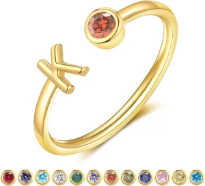 Gold Birthstone Initial Rings for Women Non Tarnish Dainty 14K Gold Plated Adjustable Letter Ring for Women Stackable Cute Thumb Pinky Fashion Unique Open Simple Birthday Gifts Jewelry