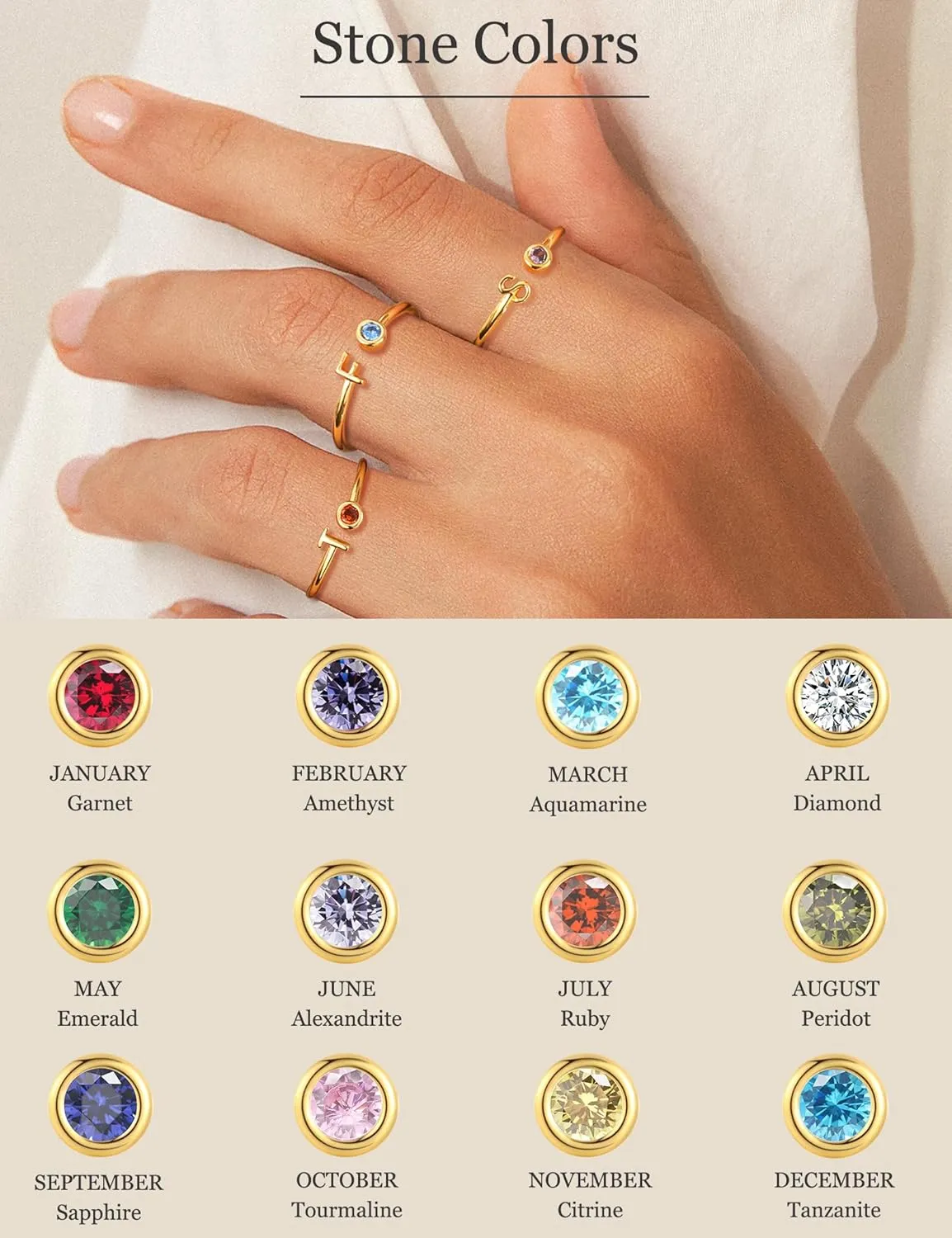 Gold Birthstone Initial Rings for Women Non Tarnish Dainty 14K Gold Plated Adjustable Letter Ring for Women Stackable Cute Thumb Pinky Fashion Unique Open Simple Birthday Gifts Jewelry