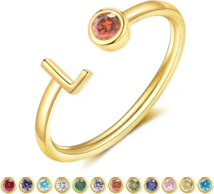 Gold Birthstone Initial Rings for Women Non Tarnish Dainty 14K Gold Plated Adjustable Letter Ring for Women Stackable Cute Thumb Pinky Fashion Unique Open Simple Birthday Gifts Jewelry
