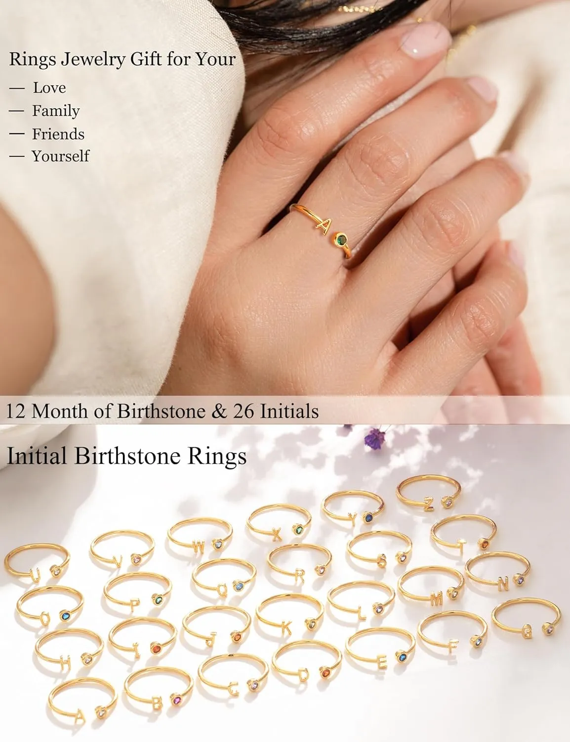 Gold Birthstone Initial Rings for Women Non Tarnish Dainty 14K Gold Plated Adjustable Letter Ring for Women Stackable Cute Thumb Pinky Fashion Unique Open Simple Birthday Gifts Jewelry