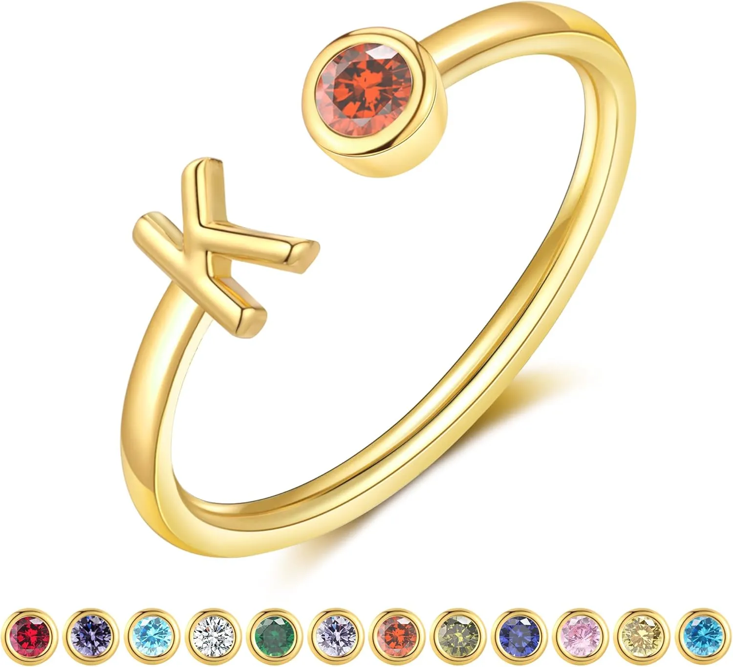 Gold Birthstone Initial Rings for Women Non Tarnish Dainty 14K Gold Plated Adjustable Letter Ring for Women Stackable Cute Thumb Pinky Fashion Unique Open Simple Birthday Gifts Jewelry