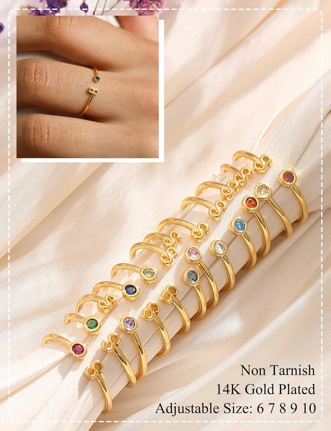 Gold Birthstone Initial Rings for Women Non Tarnish Dainty 14K Gold Plated Adjustable Letter Ring for Women Stackable Cute Thumb Pinky Fashion Unique Open Simple Birthday Gifts Jewelry