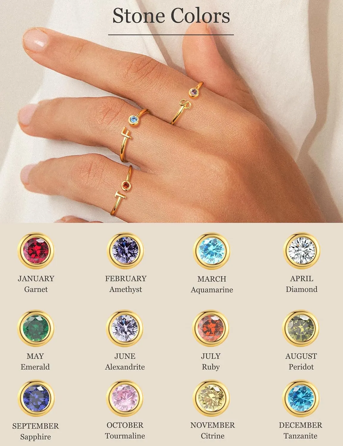 Gold Birthstone Initial Rings for Women Non Tarnish Dainty 14K Gold Plated Adjustable Letter Ring for Women Stackable Cute Thumb Pinky Fashion Unique Open Simple Birthday Gifts Jewelry