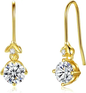 Gold Hook Drop Earrings for Women | 4 Prong 6mm Round Cubic Zirconia Drop Earrings,14K Yellow Gold Plated Dangle Earrings for Gorgeous Jewelry Gift