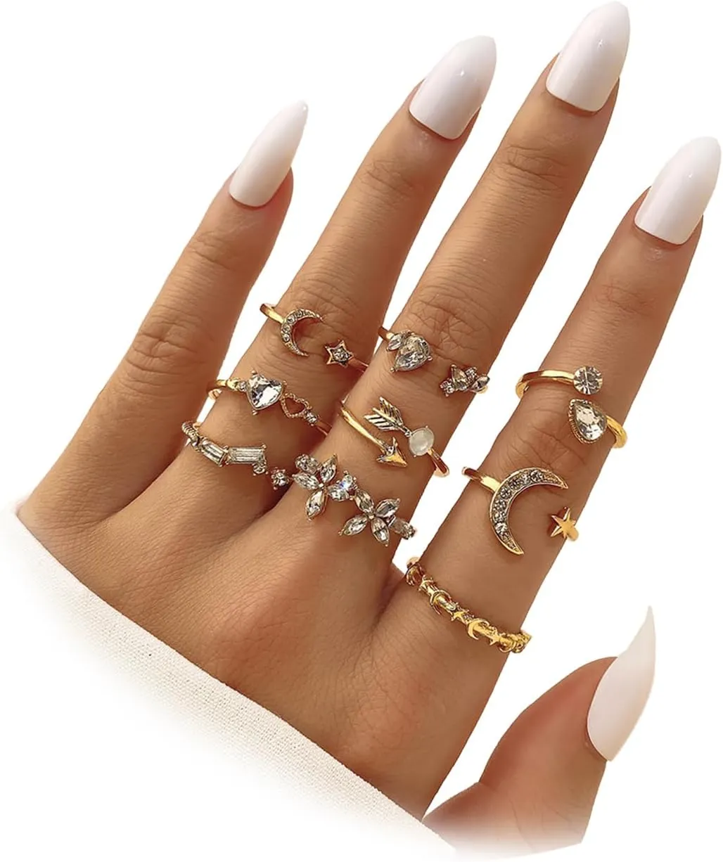Gold Knuckle Rings Set for Women,Simple Dainty Stackable Finger Ring Pack Minimalist Cute Butterfly Moon Heart Rings Boho Statement Jewelry Size Mixed