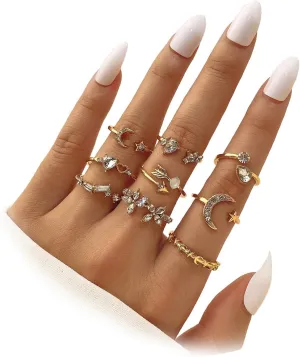 Gold Knuckle Rings Set for Women,Simple Dainty Stackable Finger Ring Pack Minimalist Cute Butterfly Moon Heart Rings Boho Statement Jewelry Size Mixed