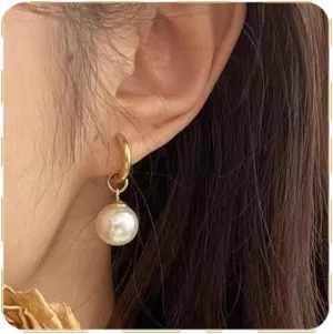 Gold Pearl Earrings For Women, Trendy Pearl Dangle Earrings Chunky Pearl Hoop Earrings Elegant Gold Hoop Earrings Bridal hoop earrings Earrings For Prom Wedding Party Earrings