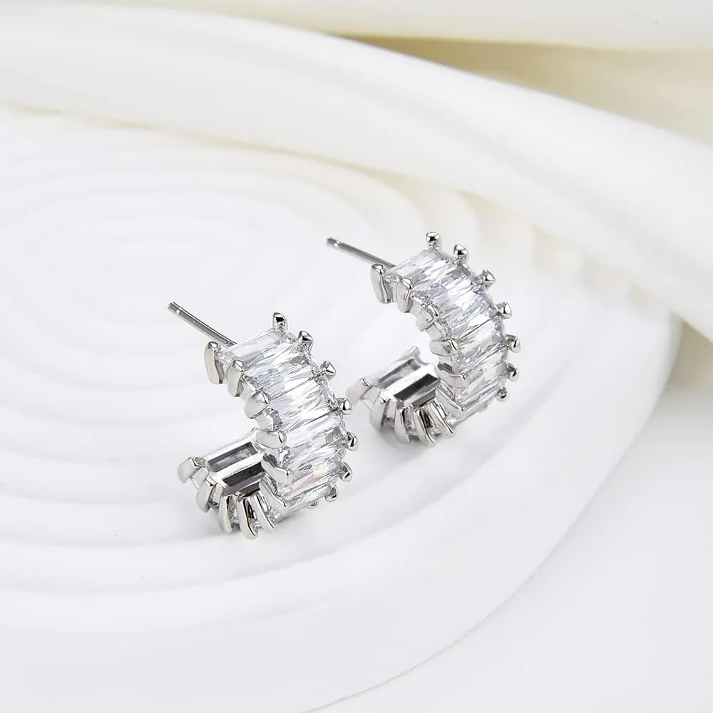 Gold Plated Emerald Cut Cubic Zirconia Half Hoop Earrings, Split Hoop Huggie Earrings for Women
