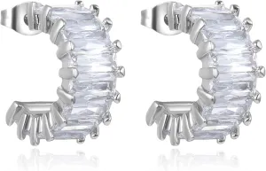 Gold Plated Emerald Cut Cubic Zirconia Half Hoop Earrings, Split Hoop Huggie Earrings for Women