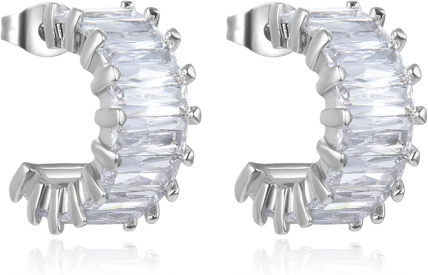 Gold Plated Emerald Cut Cubic Zirconia Half Hoop Earrings, Split Hoop Huggie Earrings for Women