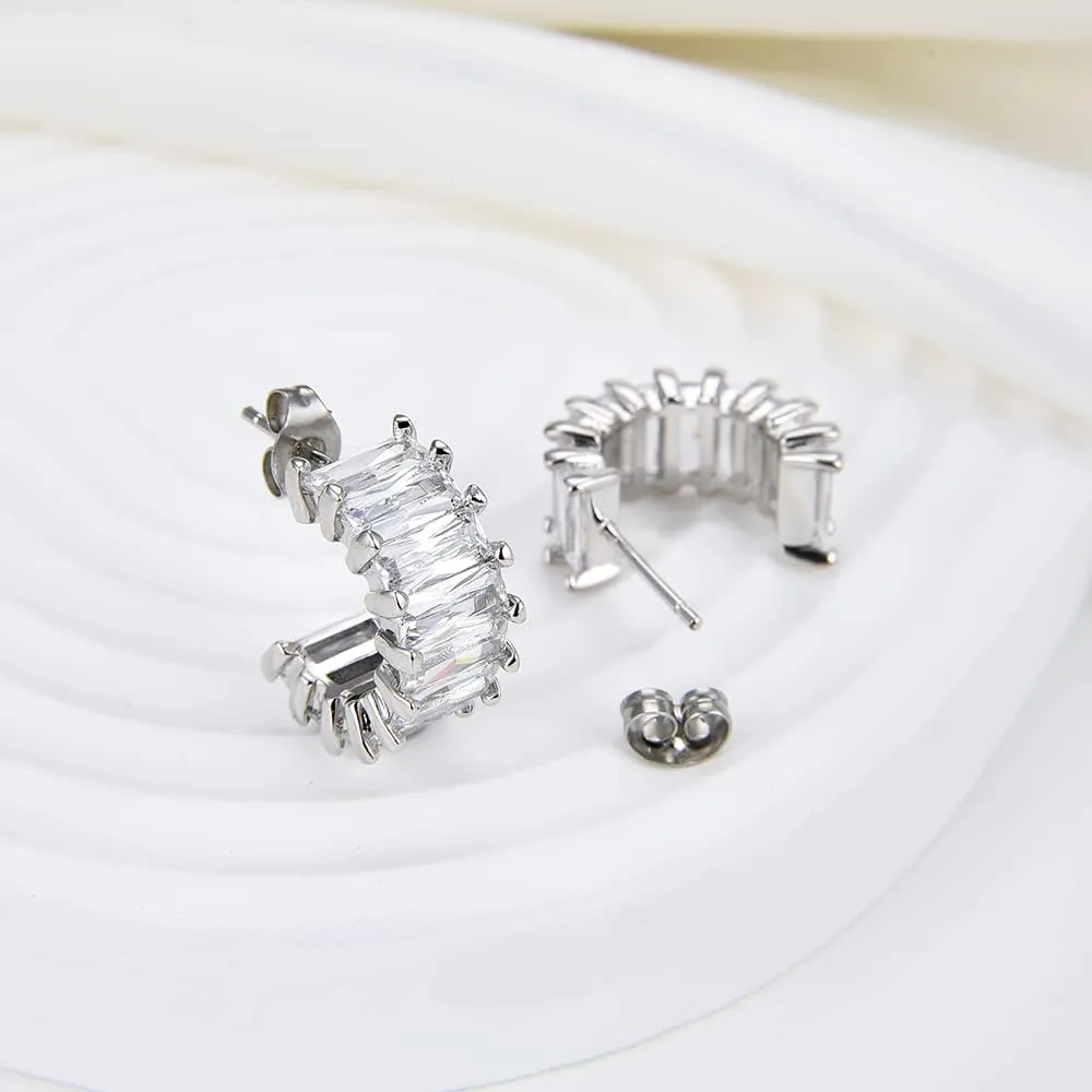 Gold Plated Emerald Cut Cubic Zirconia Half Hoop Earrings, Split Hoop Huggie Earrings for Women