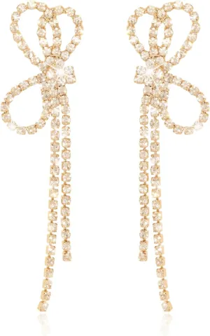 Gold Rhinestone Bow Tassel Dangle Earrings Bow Ribbon Dangle Earrings Sparkly Earrings Statement Fringe Earrings Wedding Guest Cute Jewelry For Women Prom Birthday Party Jewelry