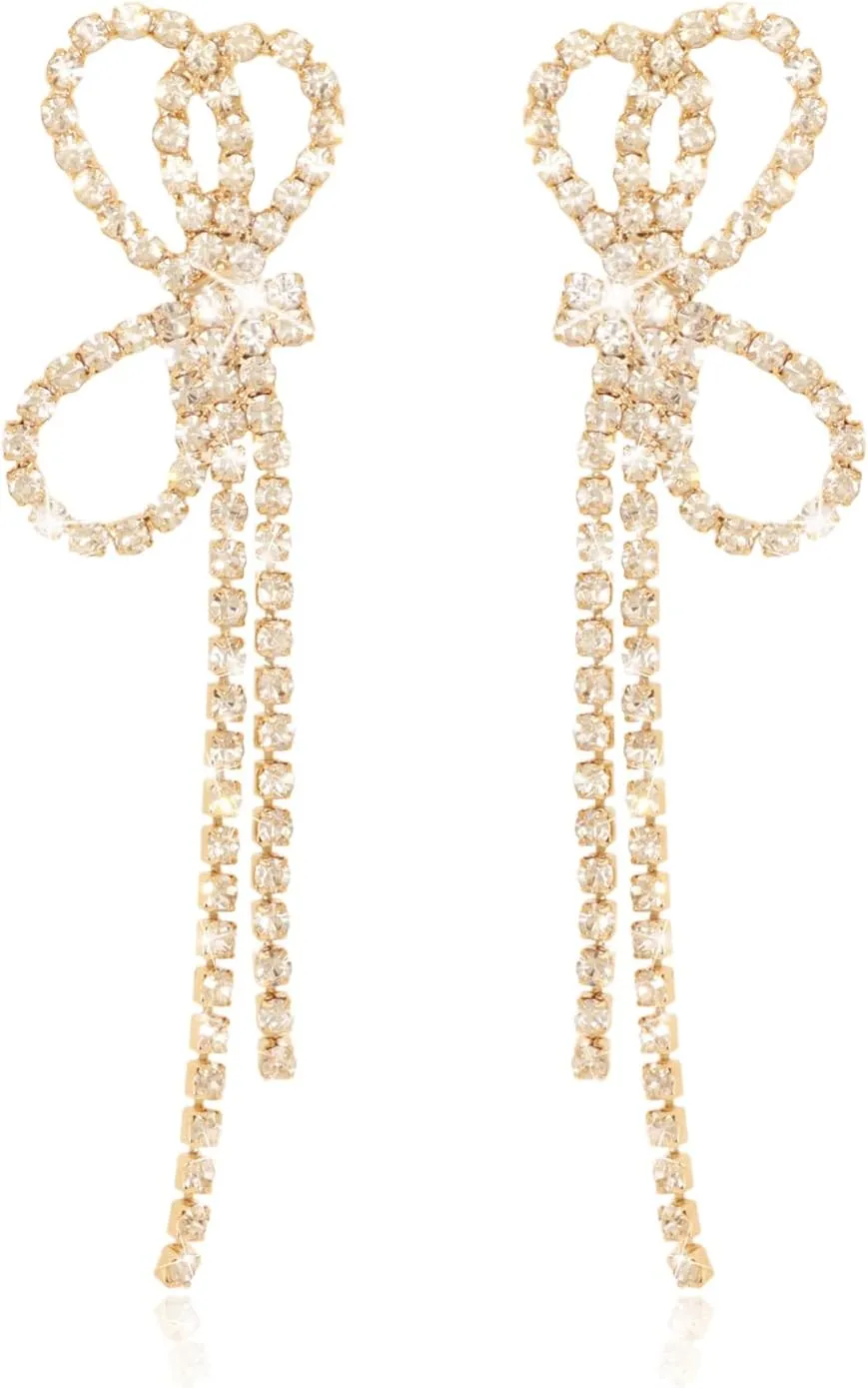 Gold Rhinestone Bow Tassel Dangle Earrings Bow Ribbon Dangle Earrings Sparkly Earrings Statement Fringe Earrings Wedding Guest Cute Jewelry For Women Prom Birthday Party Jewelry