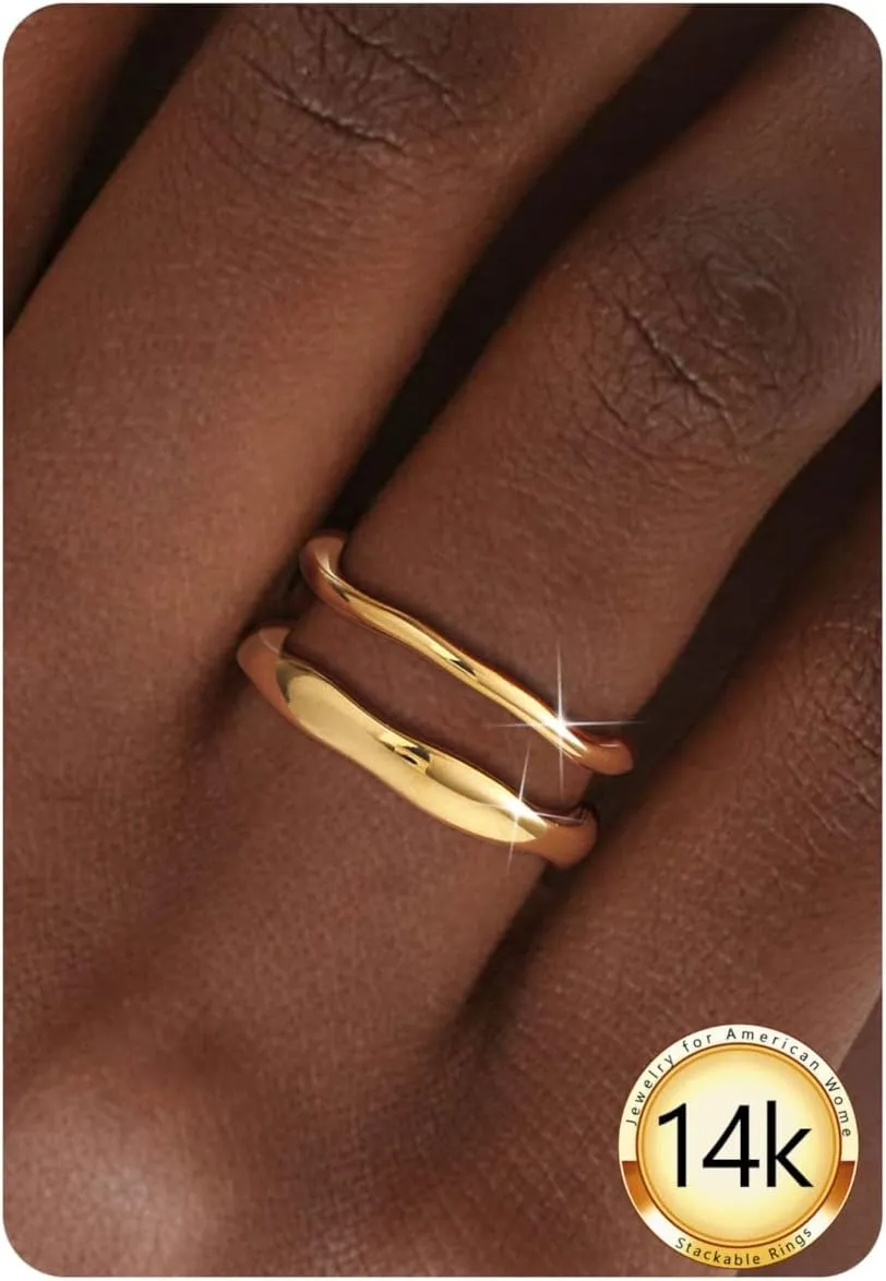 Gold Rings for Women Non Tarnish 14K Gold Plated Stackable Ring Set Simple Trendy Wave Rings Birthday Gifts for Mom Waterproof Gold Jewelry Size 5-9